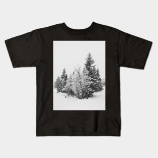 Snow-Covered Fir Trees in Frozen Winter Landscape in Black and White Kids T-Shirt